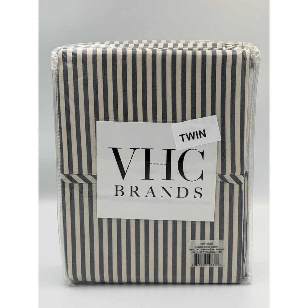 VHC Brands Twin XL Sheet Set Blue Stripe Denim Cotton 3pc Farmhouse